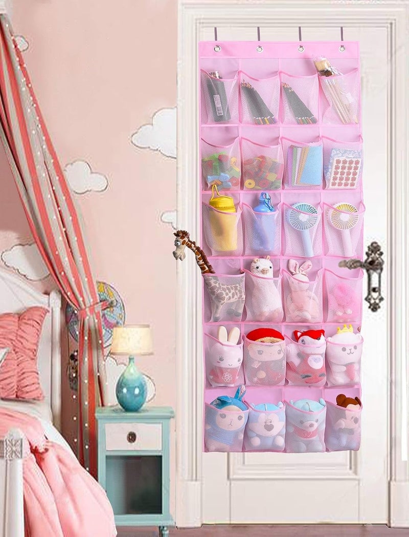 MISSLO Kids Shoe Organizer Pink Room Decor for Bedroom Door Hanging Baby Closet Storage over the Rack Breathable 24 Large Mesh Pockets for Toddler Girl - Image 4